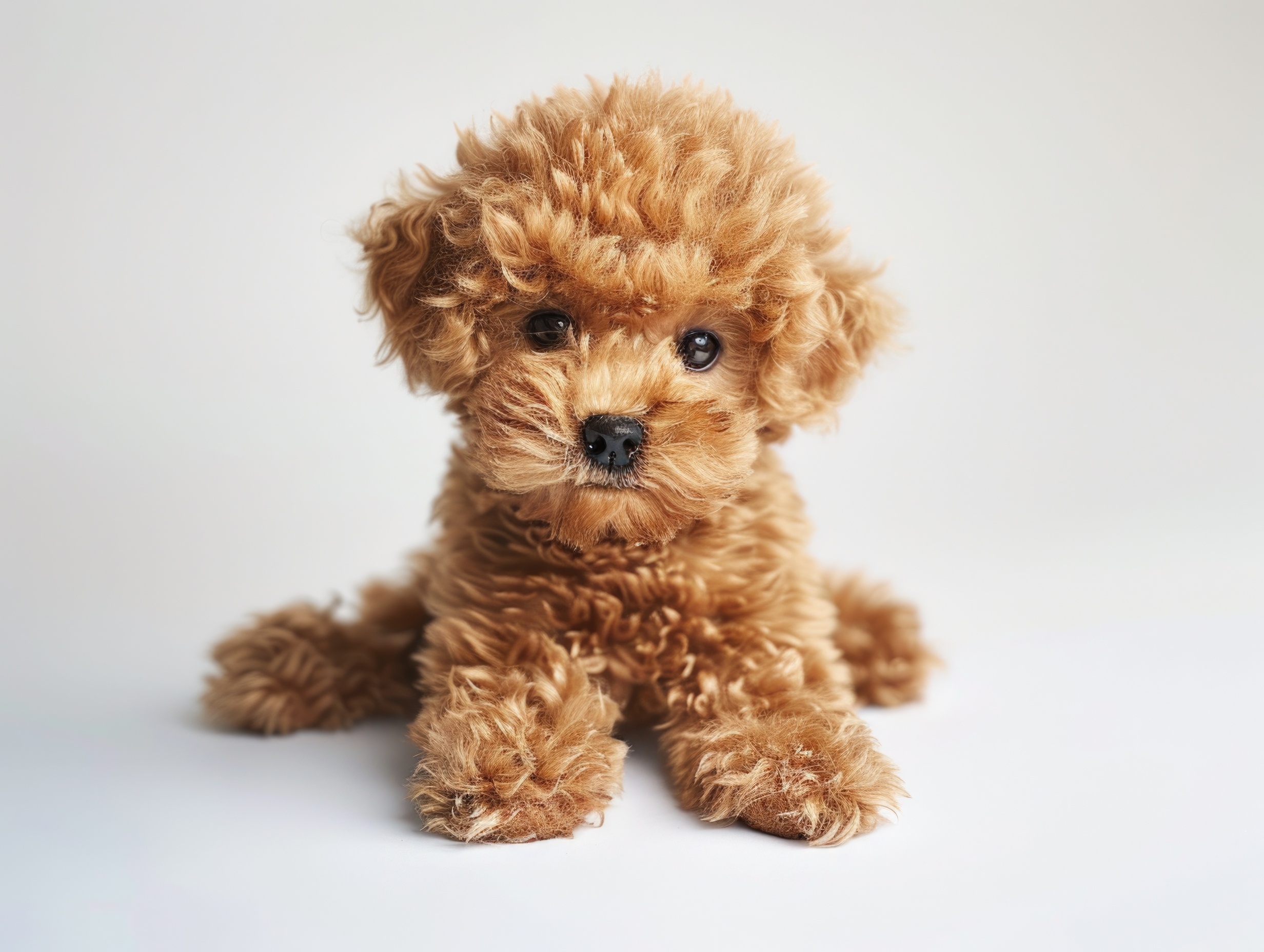 A small brown poodle puppy is sitting on a white surface